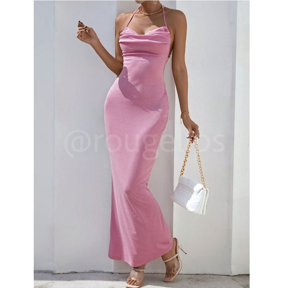 Rouge! Dresses & Skirts - Glitter Lurex Pink Cowl Neck Backless Tie Straps Maxi Long Dress